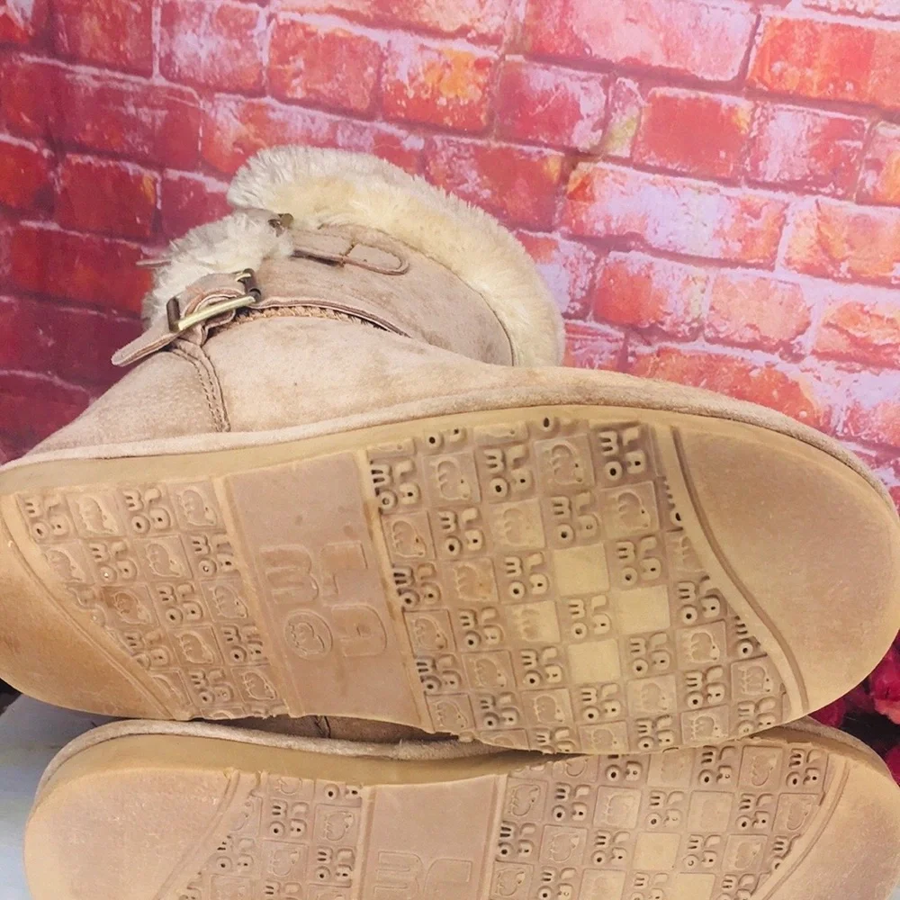 Lamo Tan Suede Water Resistant Shearling Double Buckle Boots